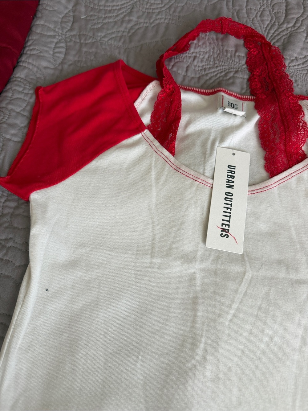Urban Outfitters BDG White Tee with Red Raglan Sleeves and Lace Halter - Picture 6 of 7